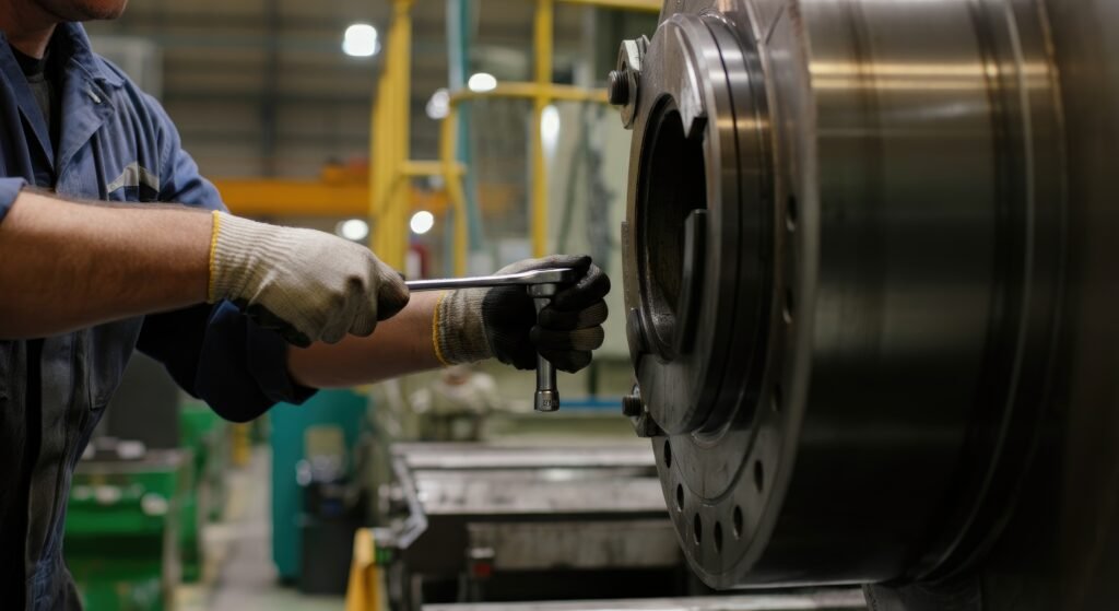 worker in factory using wrench on large machine, industrial setting